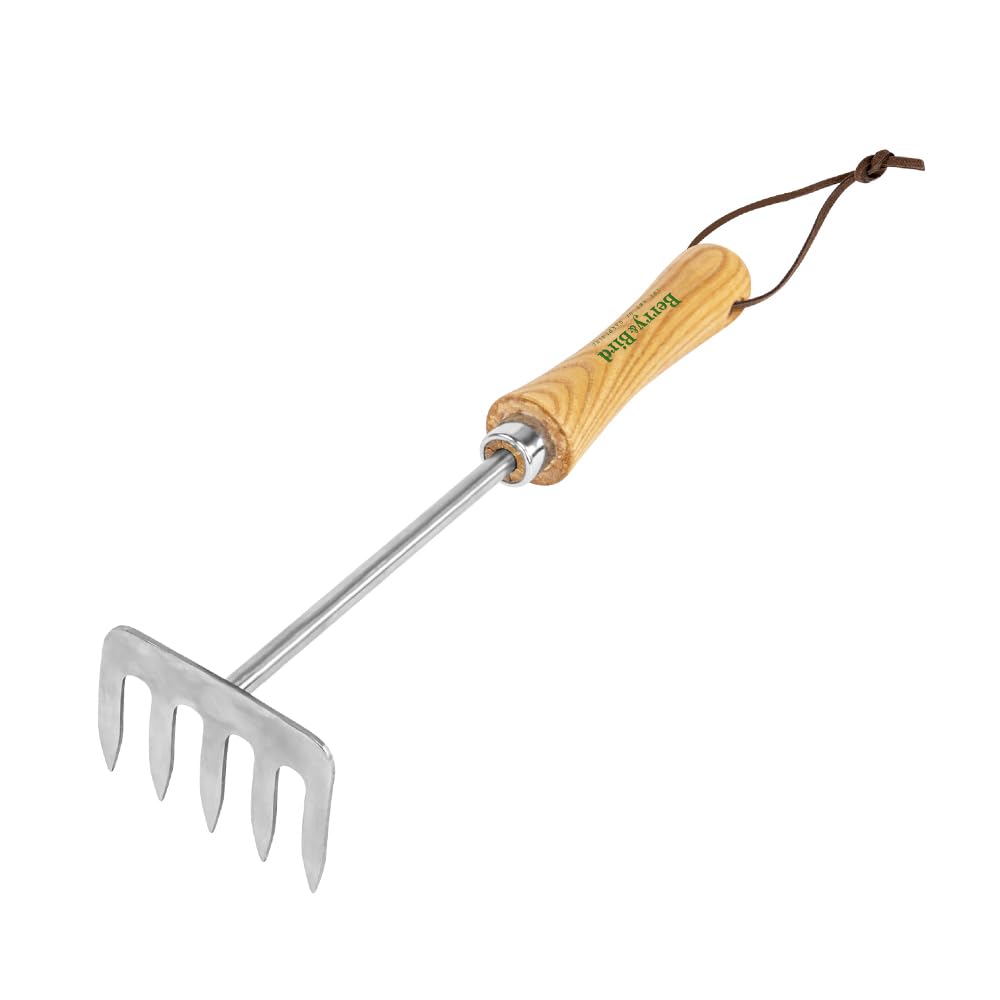 Berry&amp;Bird Blumenrechen 31 cm - 5 Zinken Garden Handrechen, Rechen Stiel aus Eschenholz, Kleinrechen