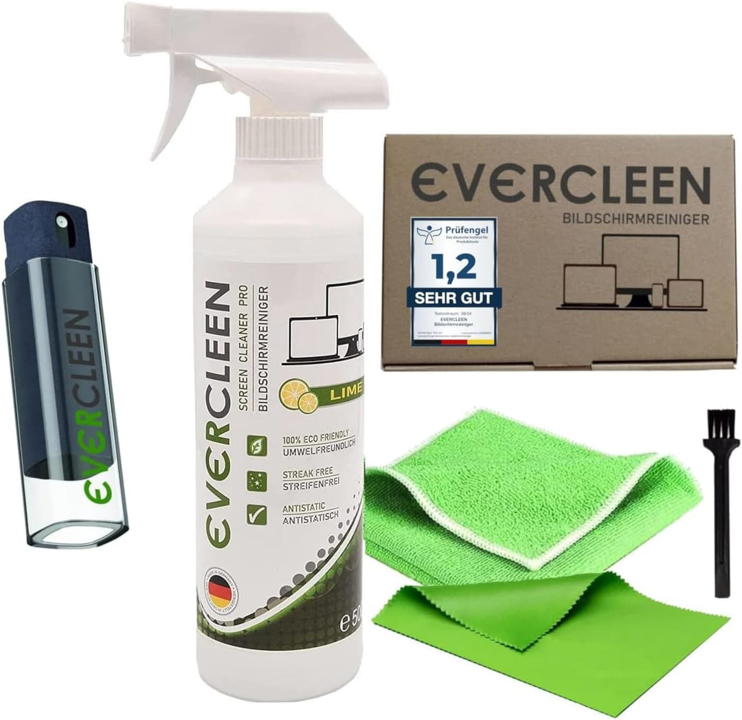 EVERCLEEN Made in Germany Screen Cleaner Pro Bildschirmreiniger 500ml + Mikrofasertuch + 2GO Sprüher