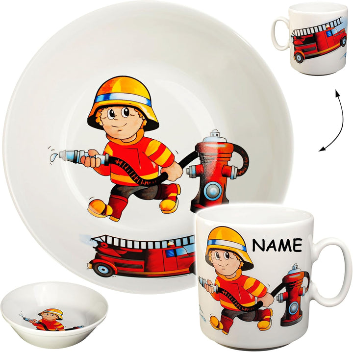 2 TLG. Set Tasse + hoher Teller/Suppenteller/Müslischale - Feuerwehr - Feuerwehrmann & Feuerwehrauto