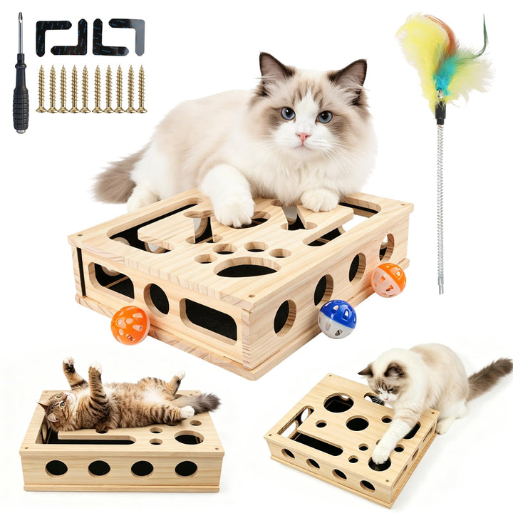 2-in-1 Kratzpuzzle Katzen Set, Katzen Kratzbrett mit Sandpapier, 3 Glockenbällen， Feder und 4 Antiru