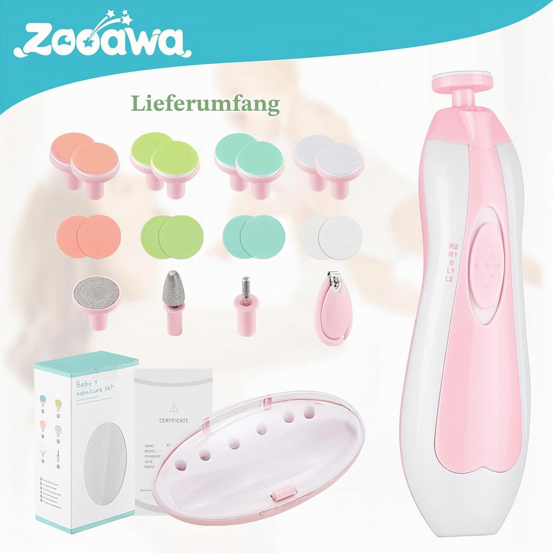 Zooawa Baby Nagelknipser 20 in 1, Elektrischer Baby Nageltrimmer, Nagelfeilen Set mit 12 Ersatzpads,