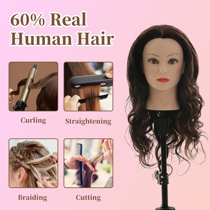 Frisierkopf 60% Echthaar übungskopf Friseur 26” Trainingsköpfe Puppenkopf Friseur Kopf Mit Halter +