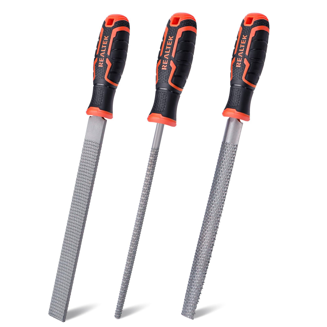 REALTEK Holzraspel Set 3tlg. inkl. Flachfeile Halbrundfeile Rundfeile, Klinge 200mm lang, Holzfeilen