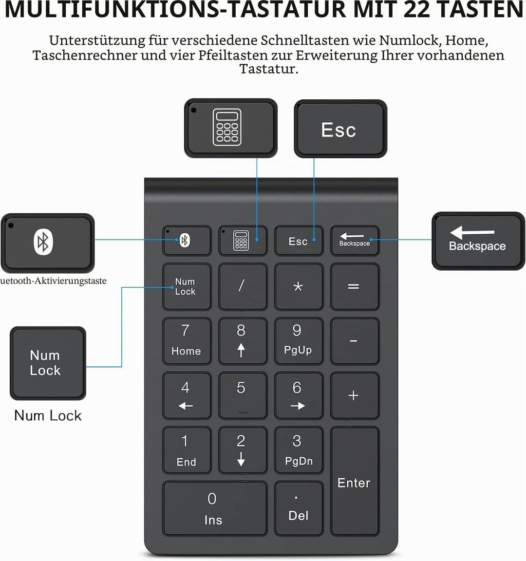 cimetech Bluetooth Numpad- kabellos ziffernblock mit 22 Tasten -10 Multifunktionstasten Multimedia-K
