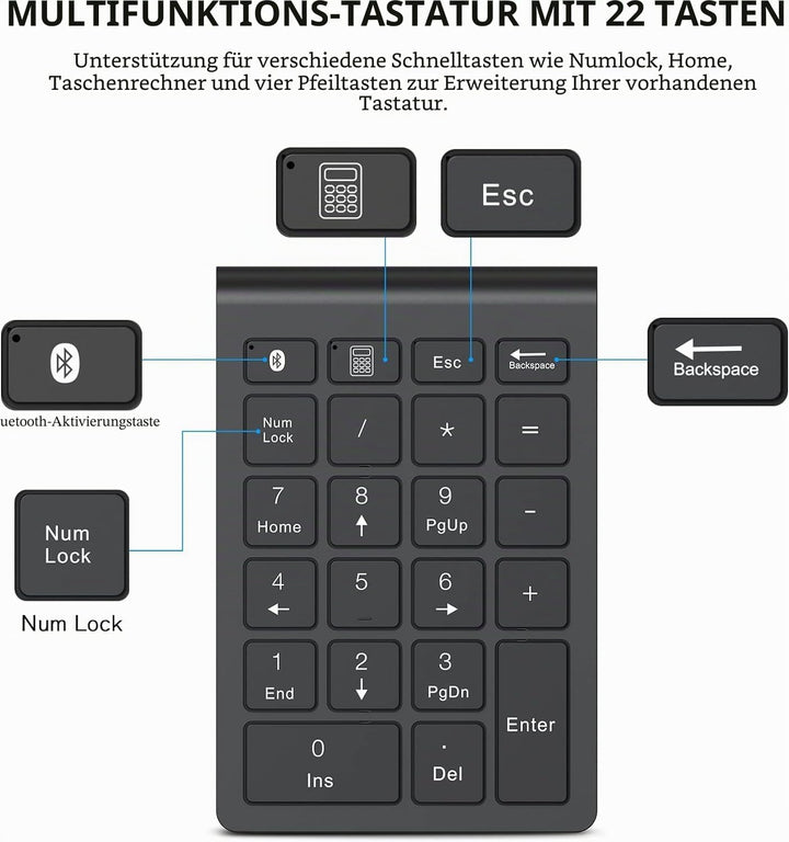 cimetech Bluetooth Numpad- kabellos ziffernblock mit 22 Tasten -10 Multifunktionstasten Multimedia-K