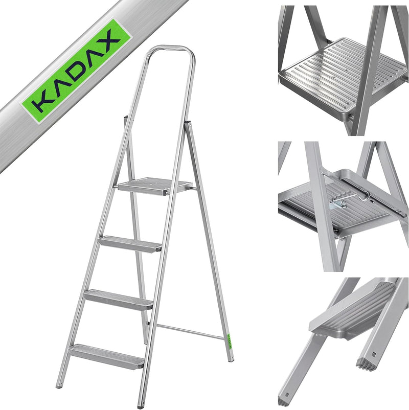 KADAX Einseitige Stahlleiter mit Antirutsch-Füssen, Stufenleiter, Leiter mit Ablage, Trittleiter, Kl