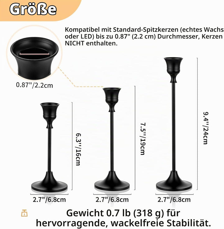 Nuptio 3 Stück Schwarzer Kerzenhalter Konus Kerzenhalter für Esstisch, Kerzenhalter für Konische Ker