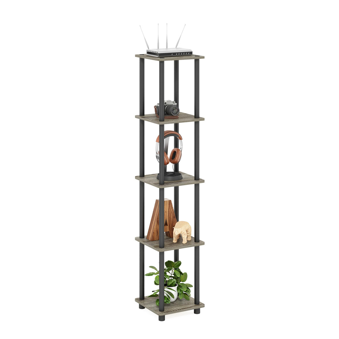 Furinno Viereckiges Regal mit 5 Ebenen, Holz, Französische Eiche Grau/Schwarz, 29.46 x 29.46 x 146.5