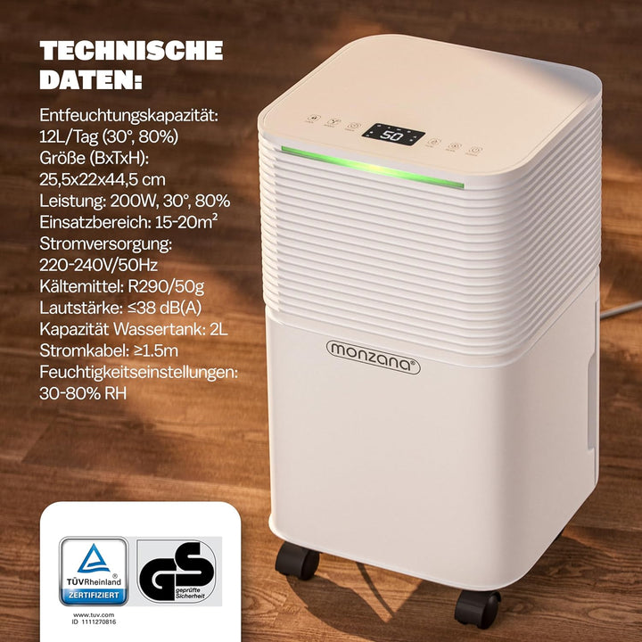 Monzana® Luftentfeuchter elektrisch 15-20m² 12L/Tag LED-Display 24-Std-Timer Raumentfeuchter Bad Woh