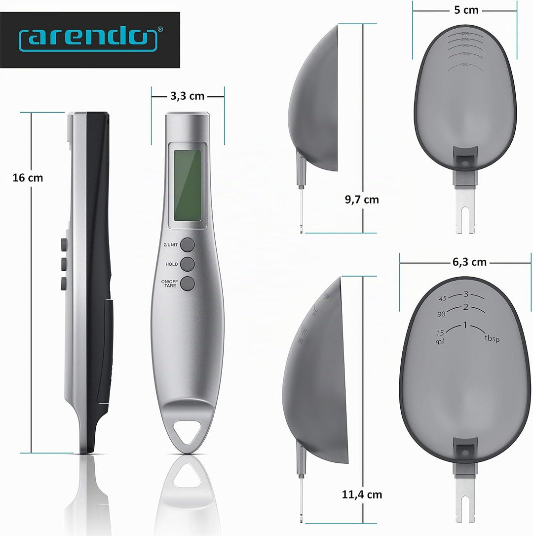 Arendo - Digitale Löffelwaage - Messlöffel von 1 g bis 300 g - Exakte Küchenwaage auf 0,1g - Feinwaa