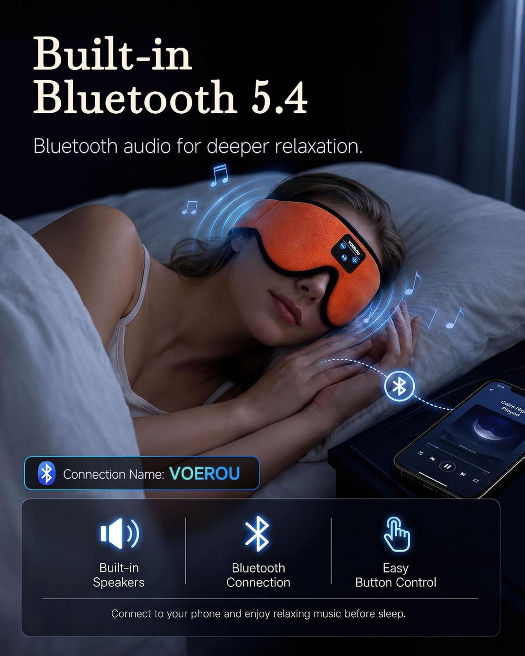 Voerou Bluetooth Schlafkopfhörer, 3D verstellbar, 12h, Knallorange | 3D-Form, verstellbares Band, at