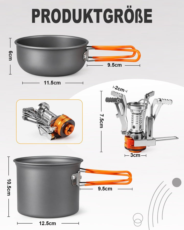 AUTOPkio Camping Geschirr Set für 1-2 Personen mit Mini Campingkocher, Faltbare Aluminium Camping Ko