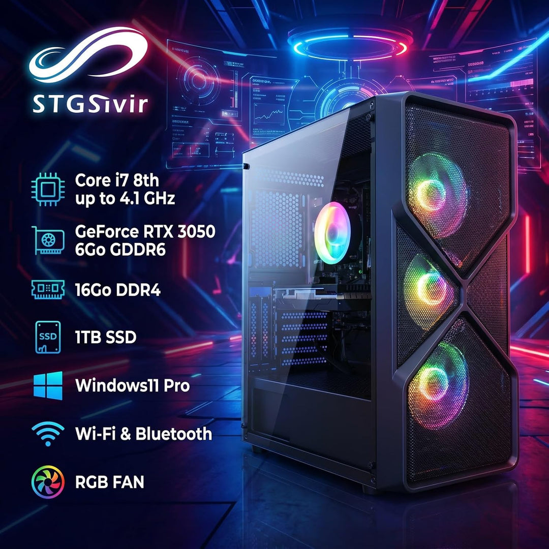 STGsivir Gaming PC, Core i7 Gen8, RTX 3050 6G, 16G DDR4, 1T SSD | Gaming Computer für Streaming,Vide