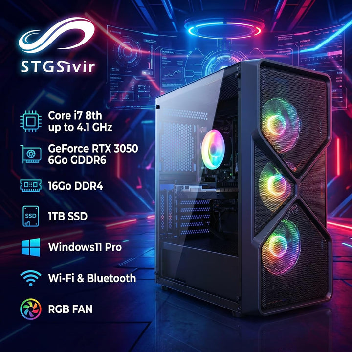 STGsivir Gaming PC, Core i7 Gen8, RTX 3050 6G, 16G DDR4, 1T SSD | Gaming Computer für Streaming,Vide