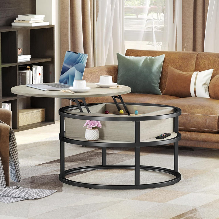 YITAHOME Couchtisch Rund mit Hebeplatte, Wohnzimmertisch mit verstecktem Ablagefach, Beistelltisch R