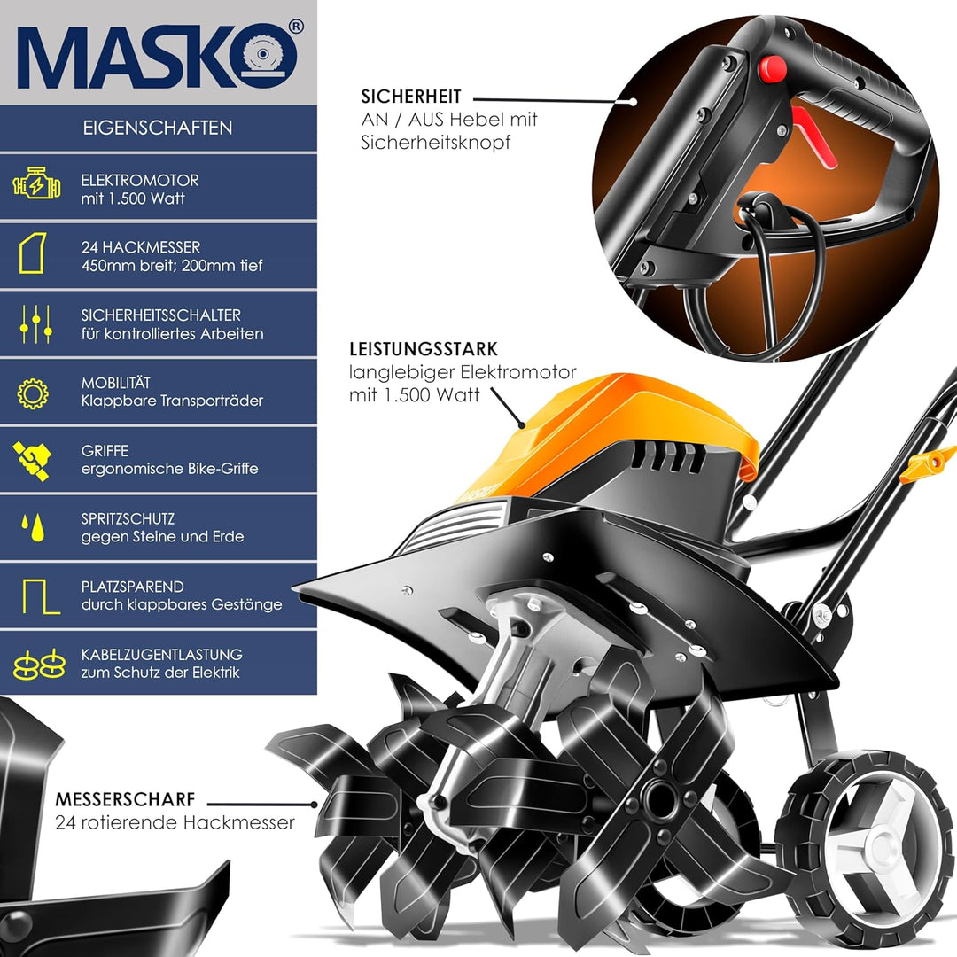 MASKO® elektrische Motorhacke 1500 Watt | 45cm Arbeitsbreite 20cm Arbeitstiefe | Bodenhacke | Ackerf