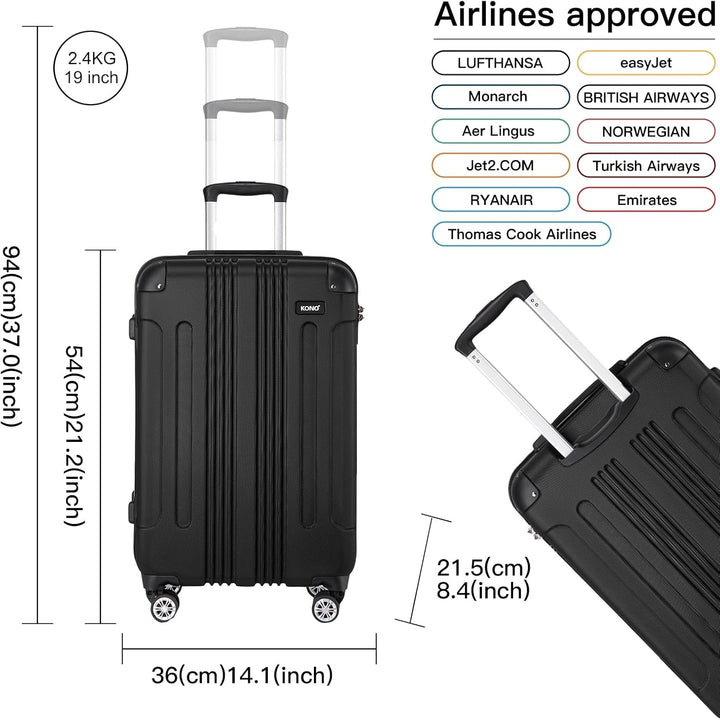 KONO Trolley Handgepäck Koffer 55x35x20cm Rollkoffer Reisekoffer mit 4 Rollen und Schloss (Schwarz),
