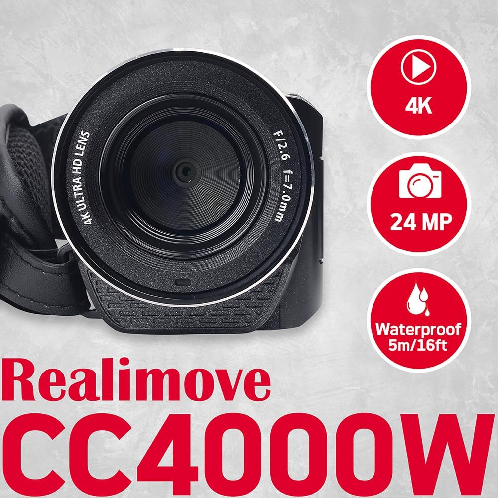 AgfaPhoto Realimove CC4000W - Wasserdichter 4K-Camcorder mit 3-Zoll-Touchscreen, 18-facher Digitalzo