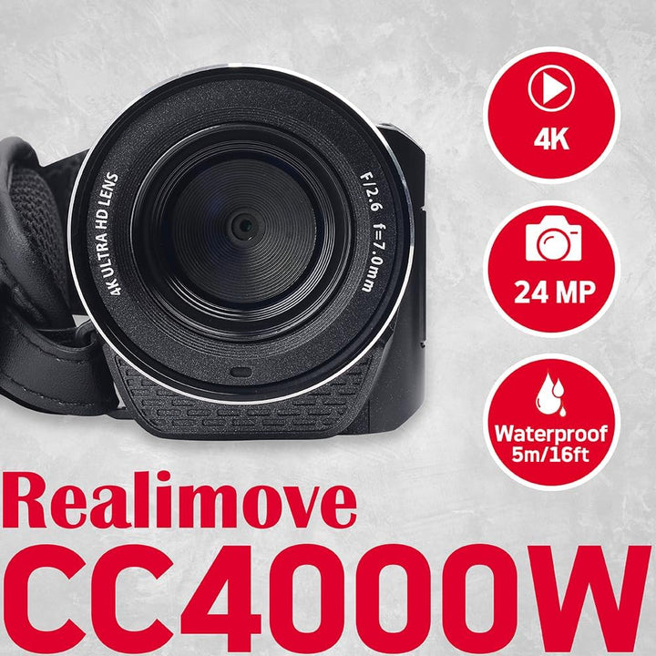 AgfaPhoto Realimove CC4000W - Wasserdichter 4K-Camcorder mit 3-Zoll-Touchscreen, 18-facher Digitalzo
