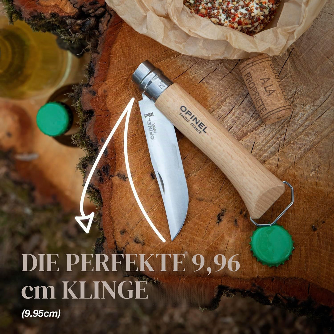 Opinel Taschenmesser No. 10, mit Korkenzieher und Kapselheber, aus rostfreiem Stahl, mit Buchengriff