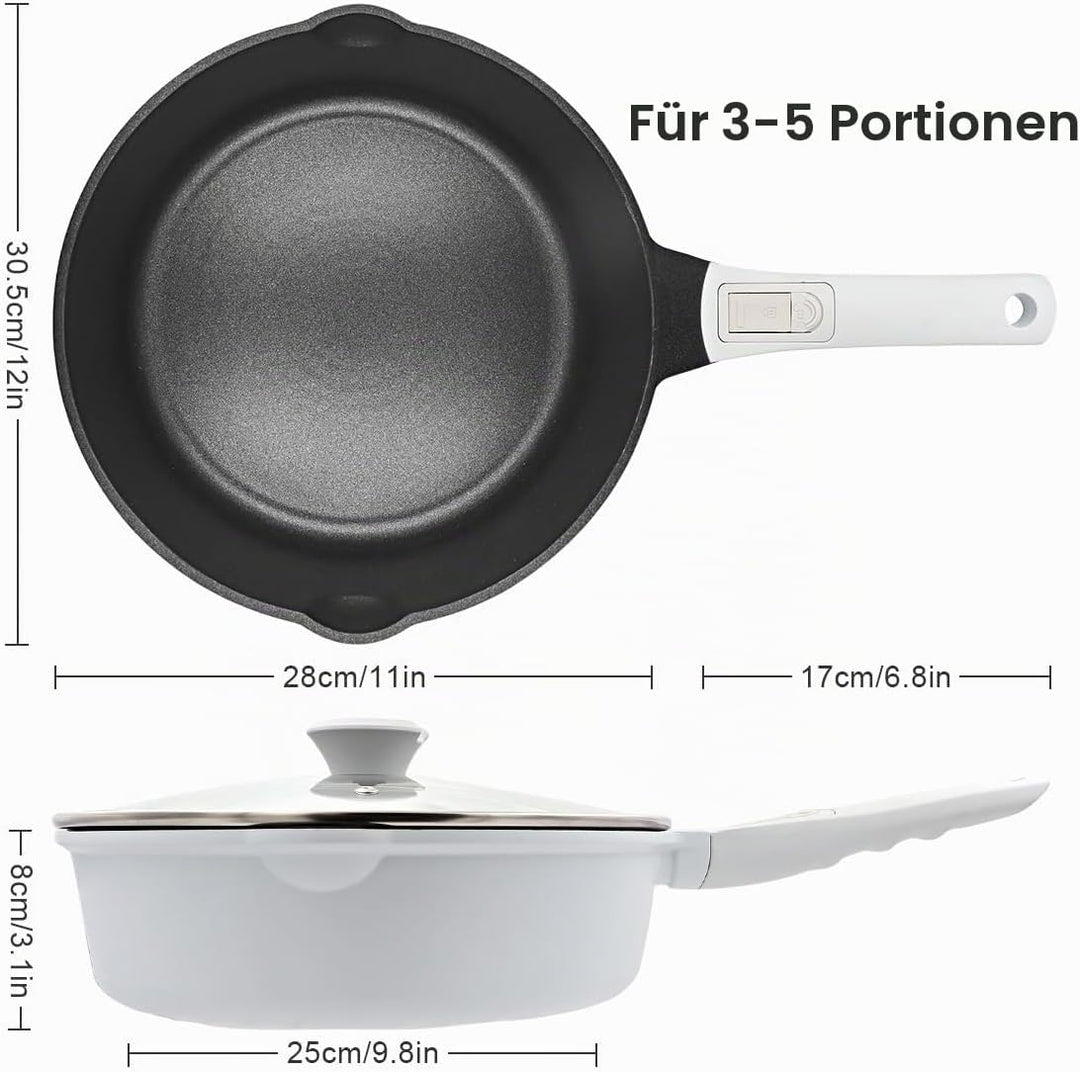 Pfanne 28cm mit Deckel, Aluminium Bratpfanne Hoher Rand mit Abnehmbarer Griff, Schmorpfanne 28 cm fü