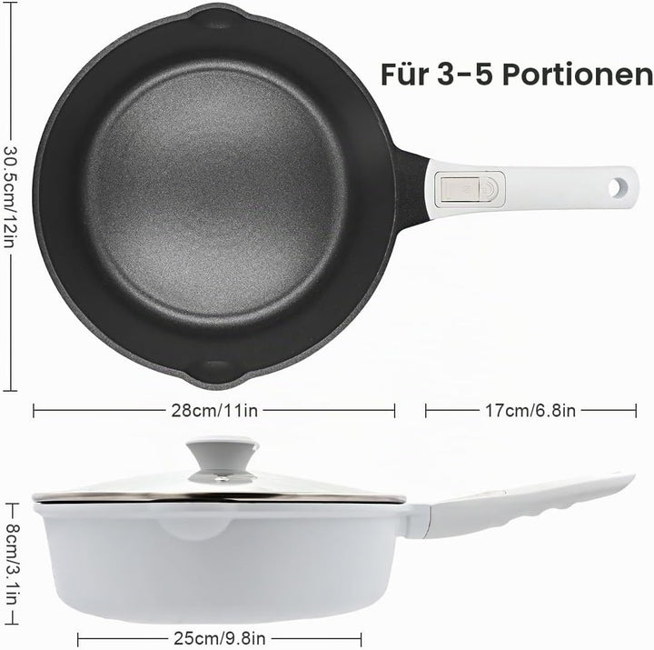 Pfanne 28cm mit Deckel, Aluminium Bratpfanne Hoher Rand mit Abnehmbarer Griff, Schmorpfanne 28 cm fü