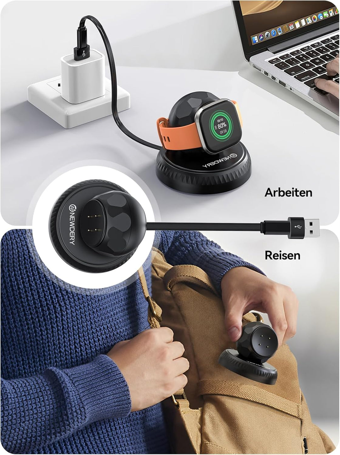 NEWDERY Ladestation für Pixel Watch 3/2, Tragbares Kabelloses Ladegerät Magnetisch für Fitbit Sense