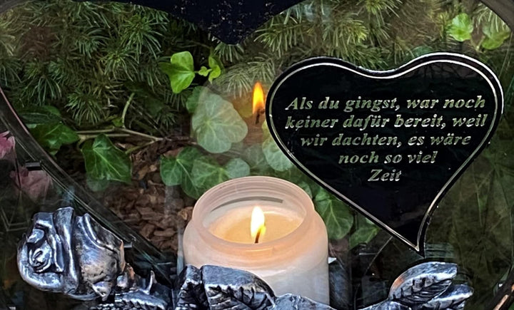 Garten Paradies Handmade Grablampe Laterne Herz Form mit Beschriftung - Grablicht Kerze Grabkerze Gr