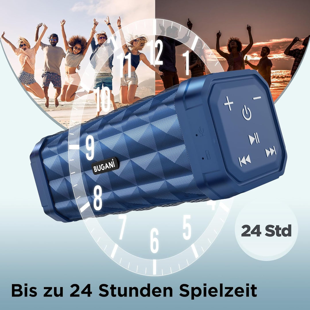 BUGANI Bluetooth Lautsprecher, Musikbox Bluetooth mit 5.4, 24H Stunden Akku, Bass-Treibern, IPX5 Was