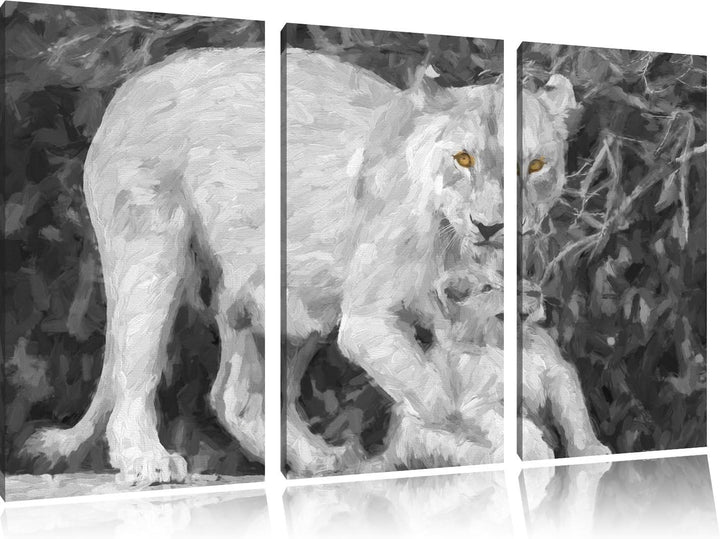 liebevolle Löwin spielt mit Jungtier schwarz/weiss Deluxe 3-Teiler Leinwandbild 120x80 Bild auf Lein