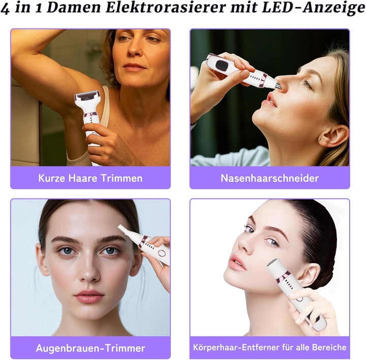 Elektrischer Damenrasierer 4-in-1 mit LED Display für Frauen & Männer, Nass- & Trockenrasierer IPX7