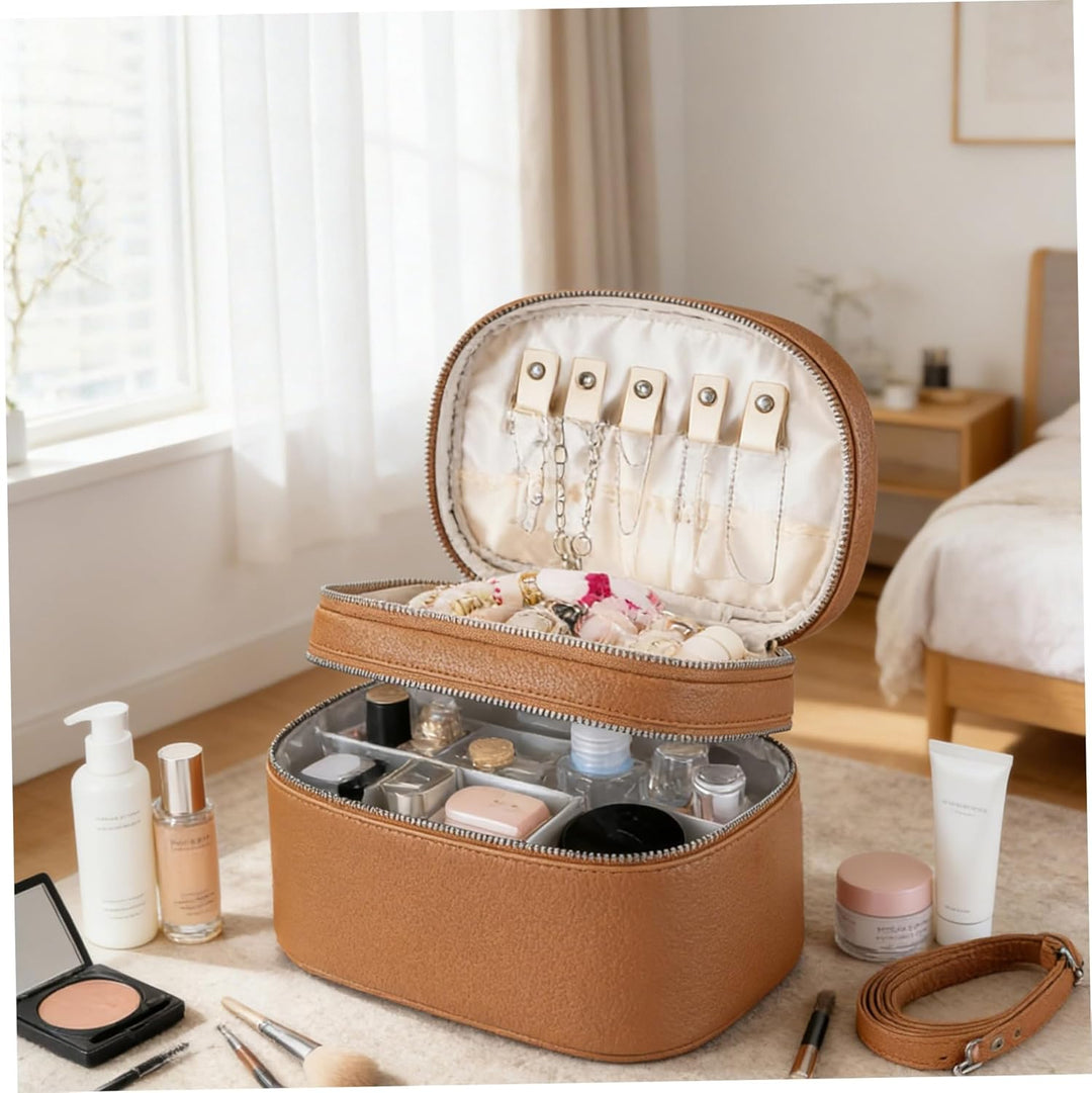 Vanity Case Make-up-Tasche, doppellagige Reise-Kosmetiktasche mit Griffen und Riemen, Make-up-Organi
