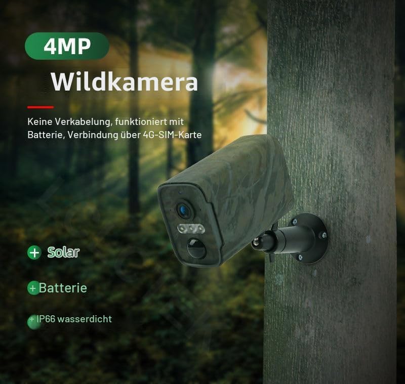 TKSTAR Wildkamera 4G GSM SIM-Karten Slot + 30000mAh Akku + IP66 wasserdicht Wald Kamera APP Live-Str