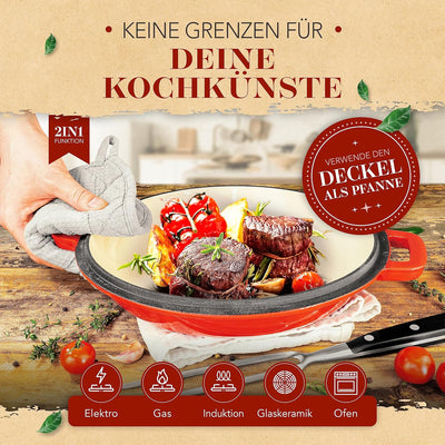 KRUSTENZAUBER Gusseisen Topf [inkl. Fleischgabel] - Hochwertiger 26cm Schmortopf backofengeeignet -