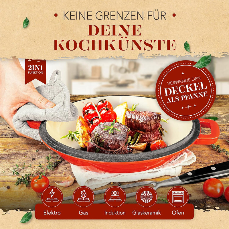 KRUSTENZAUBER Gusseisen Topf [inkl. Fleischgabel] - Hochwertiger 26cm Schmortopf backofengeeignet -