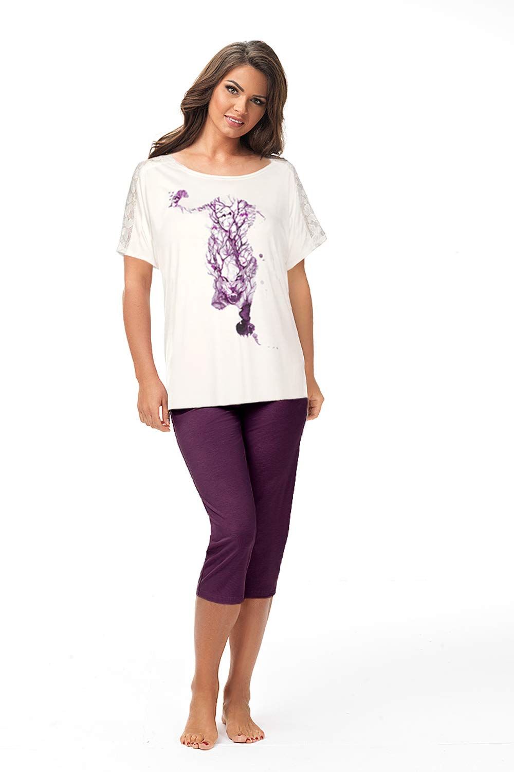 e.Femme® Damen Schlafanzug Susan 798 aus Viskose, mit Tiger- Aufdruck 40 Ecru/ Druck Aubergine, 40 E