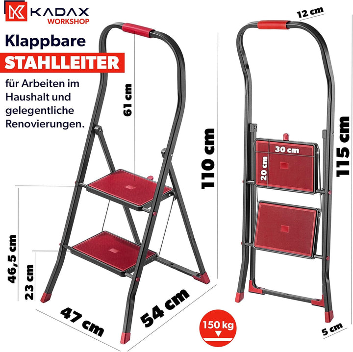 KADAX Klappbare Stahlleiter, schwarz-rote Trittleiter mit Traglast bis 150kg, Leiter mit Klappsicher