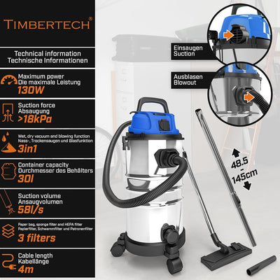 TIMBERTECH® Industriestaubsauger-2300W Leistung, 30L, mit Blasfunktion, 3 Filter, Edelstahlbehälter,