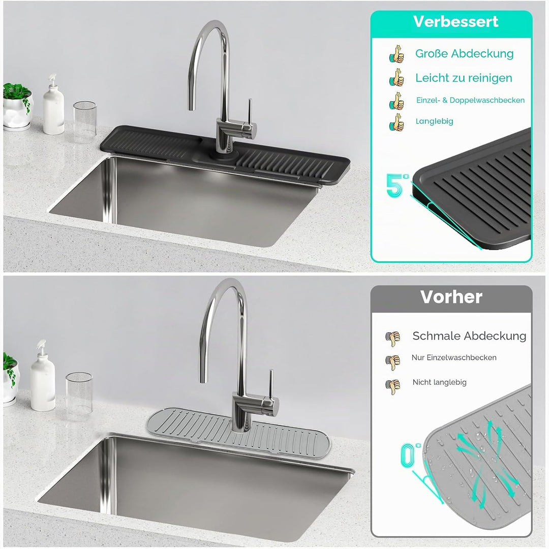 61 cm längerer Spritzschutz für Küchenspüle, 5 ° Neigung, schnelles Ablassen, Silikon-Abtropfmatte f