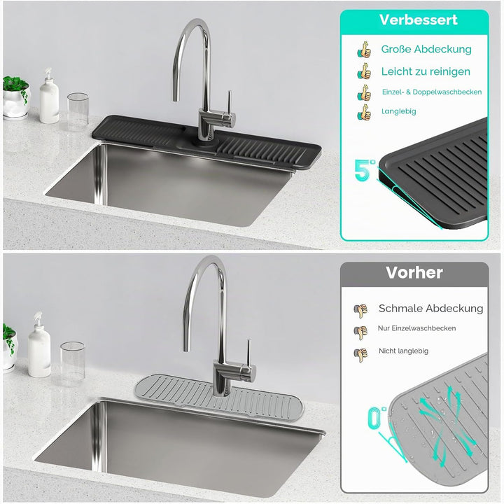 61 cm längerer Spritzschutz für Küchenspüle, 5 ° Neigung, schnelles Ablassen, Silikon-Abtropfmatte f