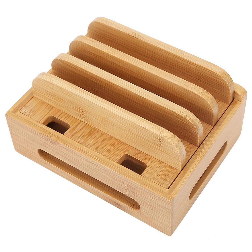 Fdit Bamboo Multi-Device Stand, Ladestation für mehrere Geräte, Ladestation Telefon Tablet Cord Orga
