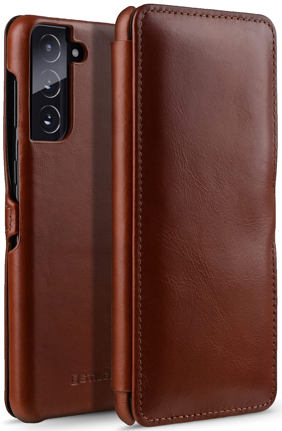 STILGUT Book Case kompatibel mit Samsung Galaxy S21 Plus 5G Hülle aus Leder mit Clip-Verschluss, Led