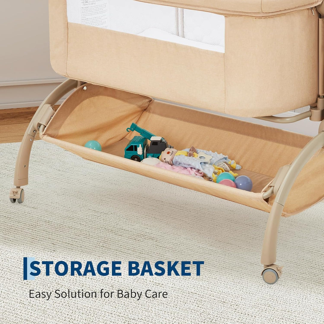 GarveeTech Beistellbett Baby höhenverstellbar mit Matratze, Mesh-Seiten, Wiegefunktion, Rollen mit B
