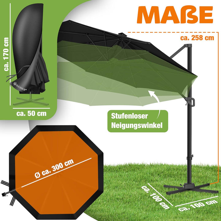 KESSER® Sonnenschirm Ampelschirm SUN Rund XL Ø330 cm Inkl. Abdeckung + Windsicherung 7-Fach Verstell