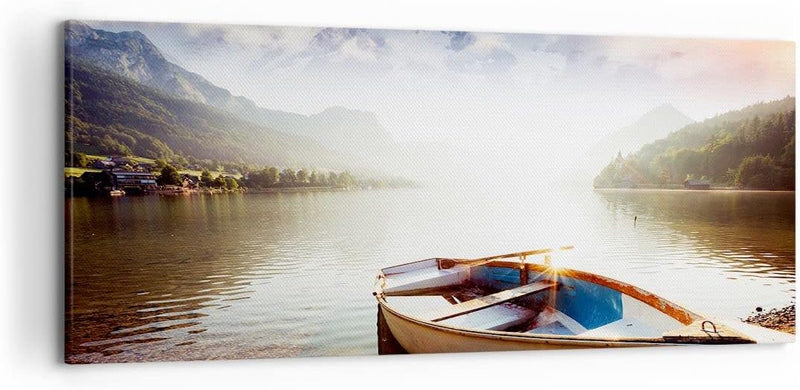 Wandbilder Dekoration Wohnzimmer Berge See Boot Panorama Bilder auf Leinwand 120x50cm Leinwandbild m