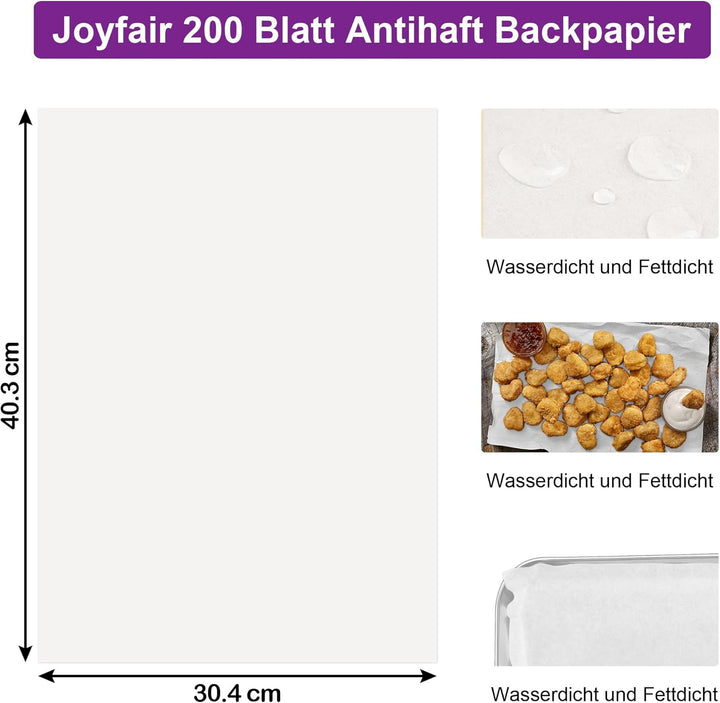 Backpapier Zuschnitte, Joyfair 200 Blatt Rechteckig Wasserdicht Fettdicht Antihaft Wachspapier, 40 x