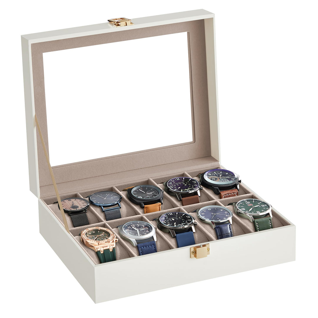 SONGMICS Uhrenbox mit 10 Fächern, Uhrenkasten, Glasdeckel, Uhrenkoffer, herausnehmbare Uhrenkissen,