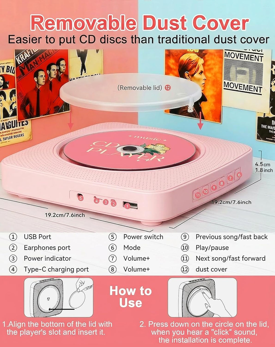 CD Player Tragbar Bluetooth Radio mit CD-Player mit Lautsprecher Unterstützung USB & AUX-Wiedergabe