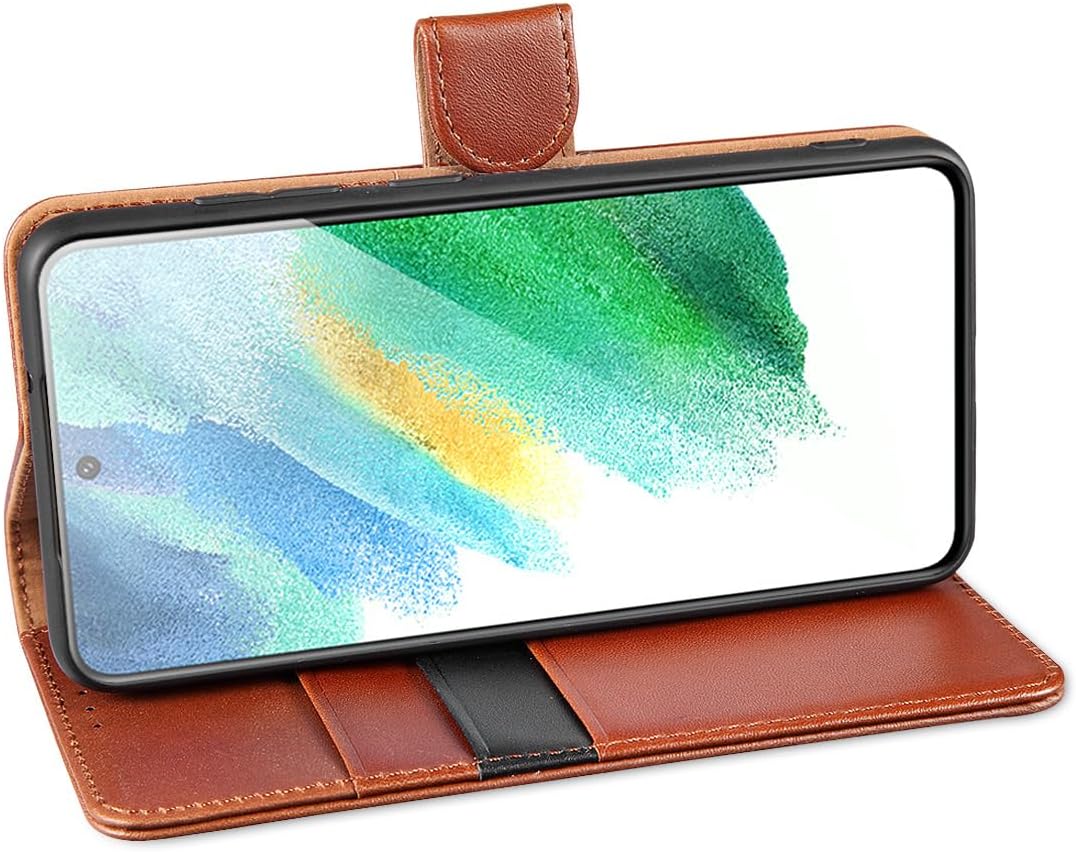 LENSUN Echtleder Hülle für Samsung Galaxy S21 FE, Handyhülle [Premium Echtes Leder] [Kartenfach] [RF