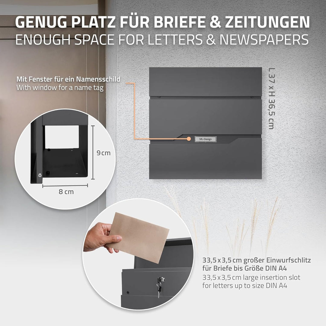 ECD Germany Briefkasten mit Zeitungsfach und Namensschild, aus Edelstahl pulverbeschichtet, Anthrazi